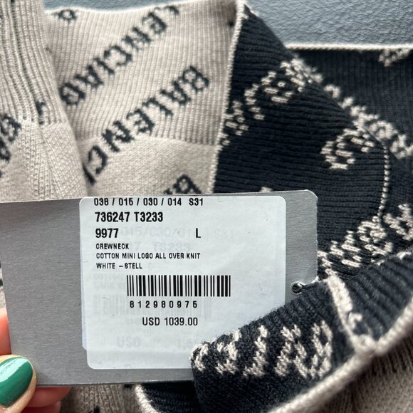 NWT Balenciaga Long Sleeve Knit Top Crewneck Mini Logo Allover White Wool Blend - Picture 8 of 9